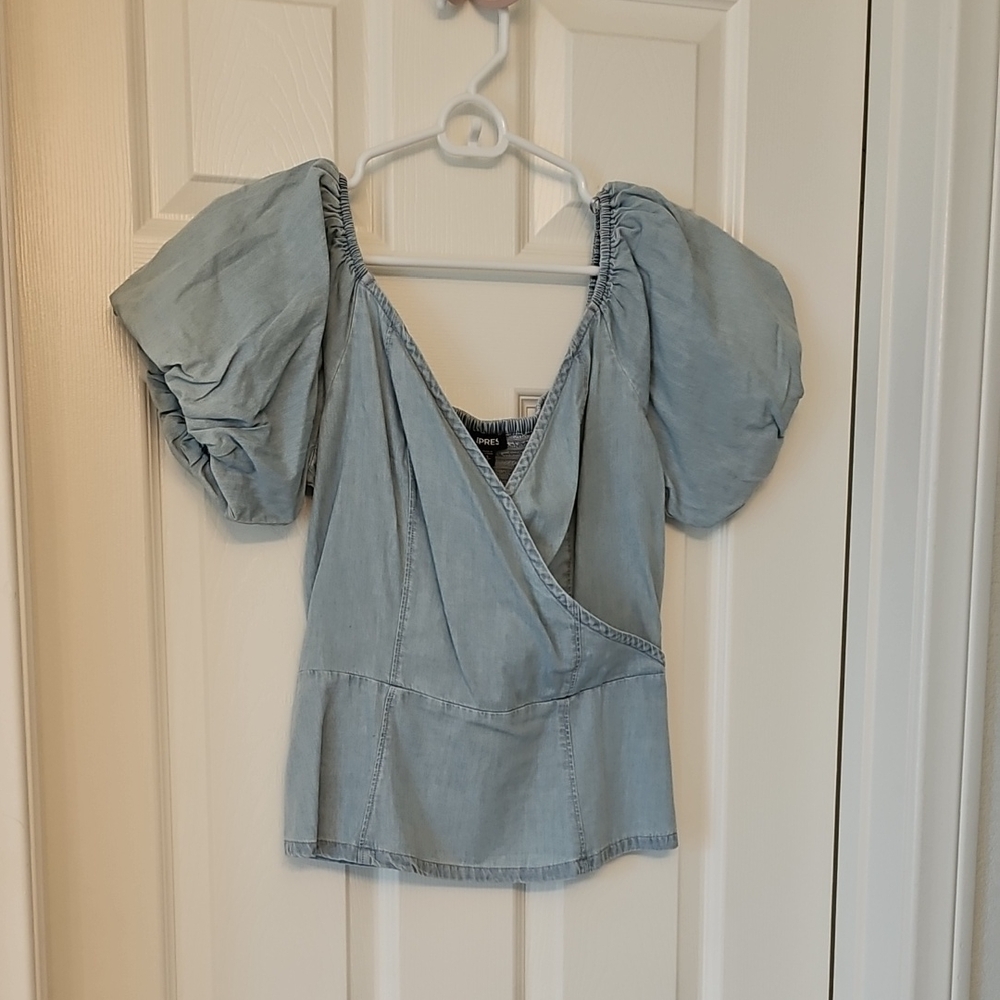 Express Light Blue Wrap Puff Sleeve Blouse